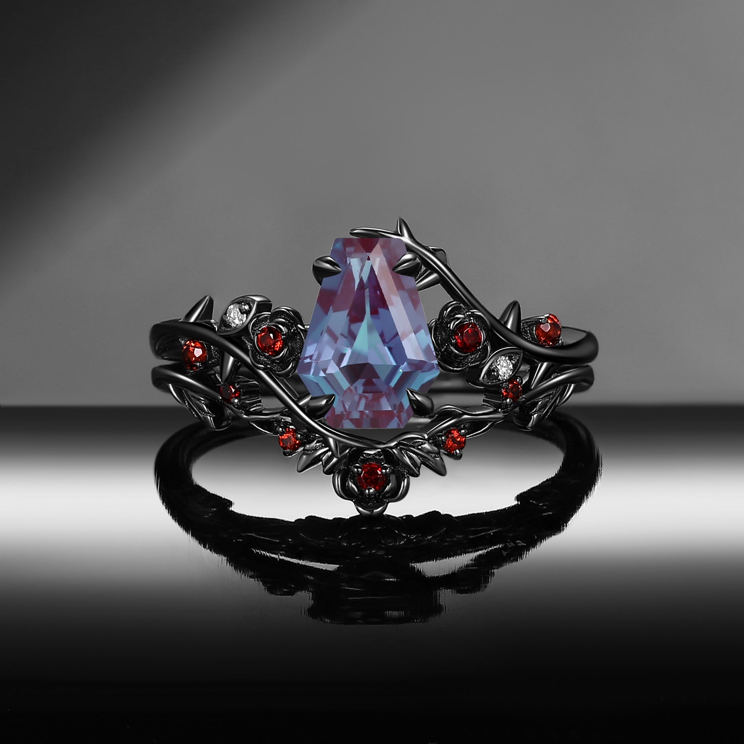 Nature Inspired Gothic Coffin Cut Lab Alexandrite 'Thorns & Roses' Bridal Set 2pcs