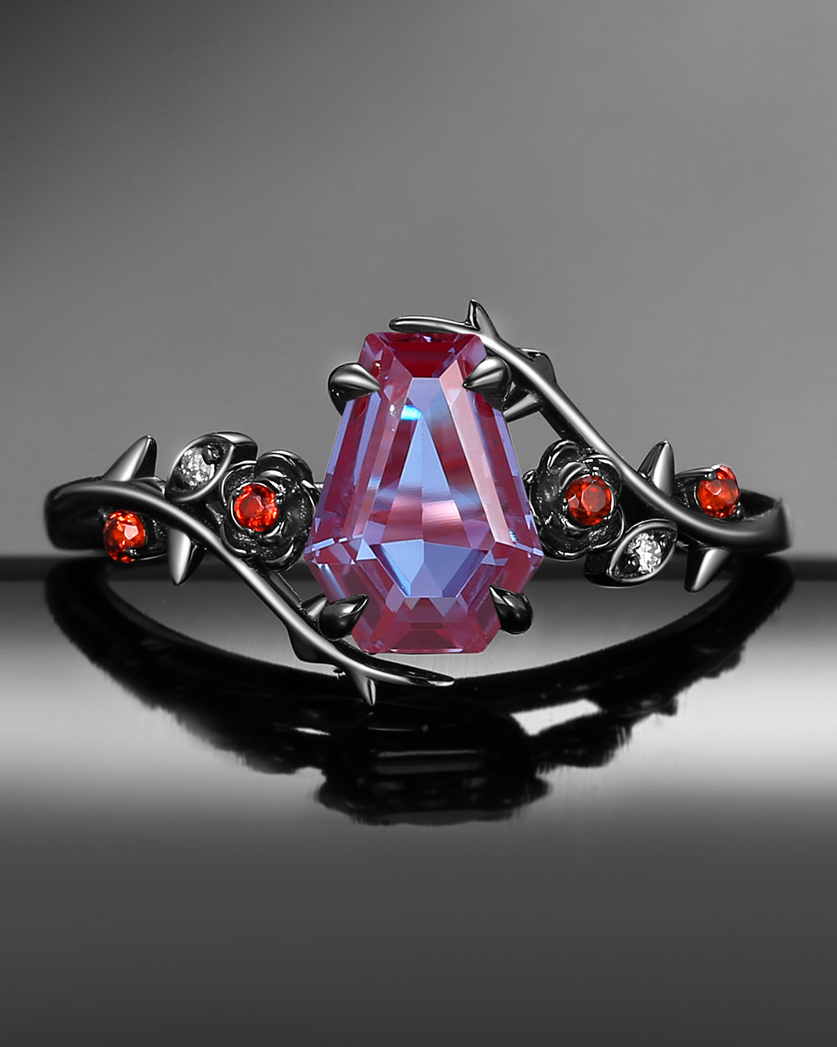 Nature Inspired Gothic Coffin Cut Lab Alexandrite 'Thorns & Roses' Engagement Ring