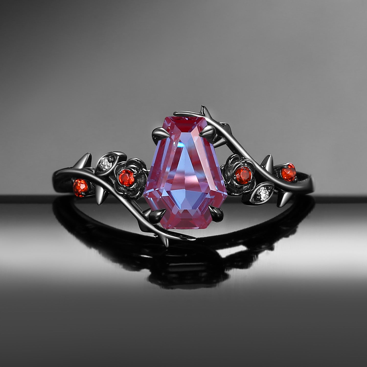 Nature Inspired Gothic Coffin Cut Lab Alexandrite 'Thorns & Roses' Engagement Ring
