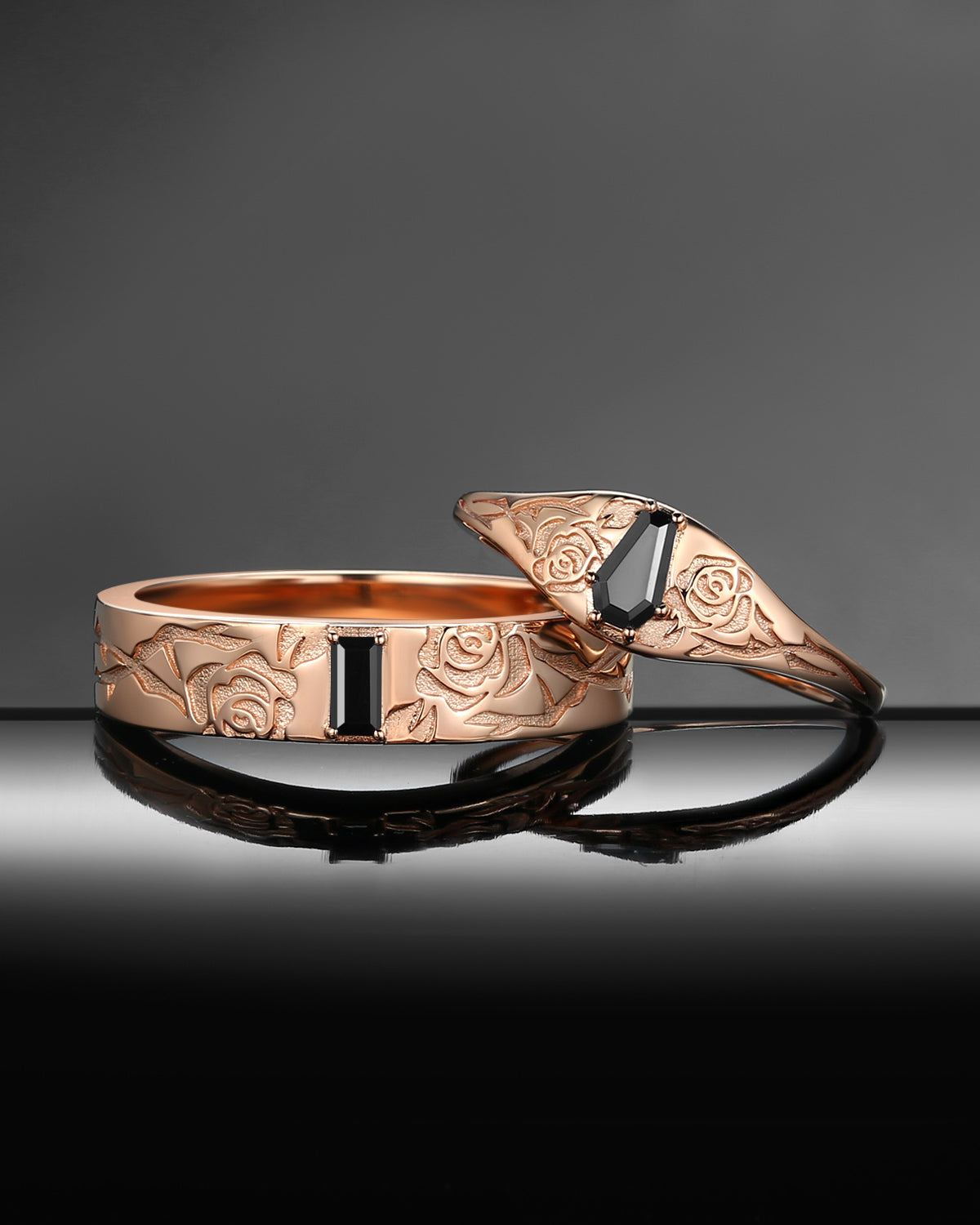 Nature Inspired Gothic Coffin Cut & Rectangular Cut Black Moissanite 'Thorns & Roses' Couple Rings 2pcs