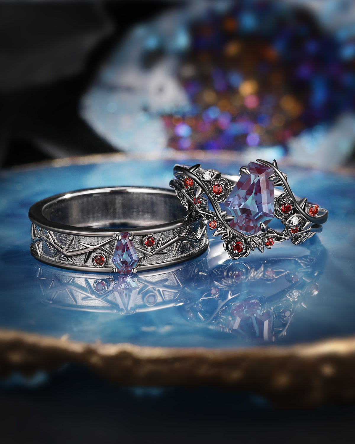 Nature Inspired Gothic Style Coffin Alexandrite 'Thorns & Roses' Couple Rings
