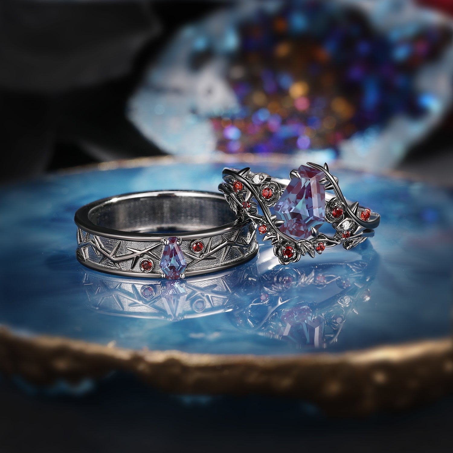 Nature Inspired Gothic Style Coffin Alexandrite 'Thorns & Roses' Couple Rings