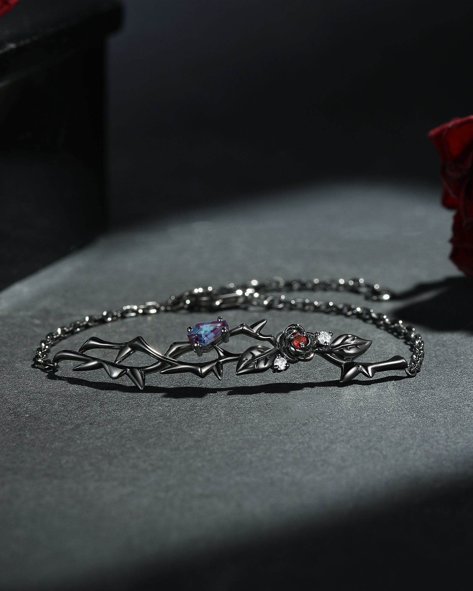 Nature Inspired Gothic 'Thorns & Roses' Lab Alexandrite Coffin & Garnet Flower Halloween Bracelet