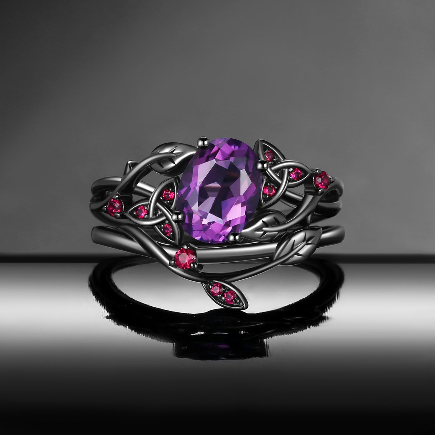 Celtic Calendar - 1.21-2.17 - Nature Inspired Oval Cut Amethyst Infinity Celtic Bridal Set with Rowan Leaf-Inspired Band