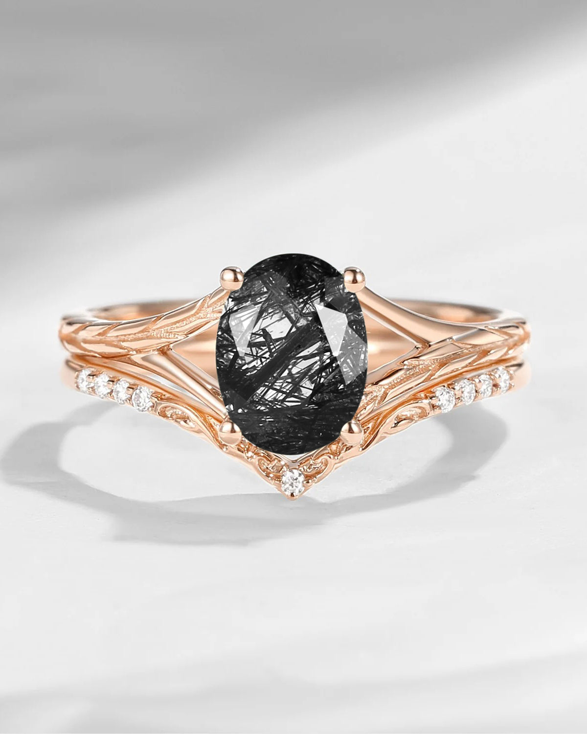 Nature Inspired Oval Cut Black Rutilated Quartz Textured Engagement Ring Set 2pcs