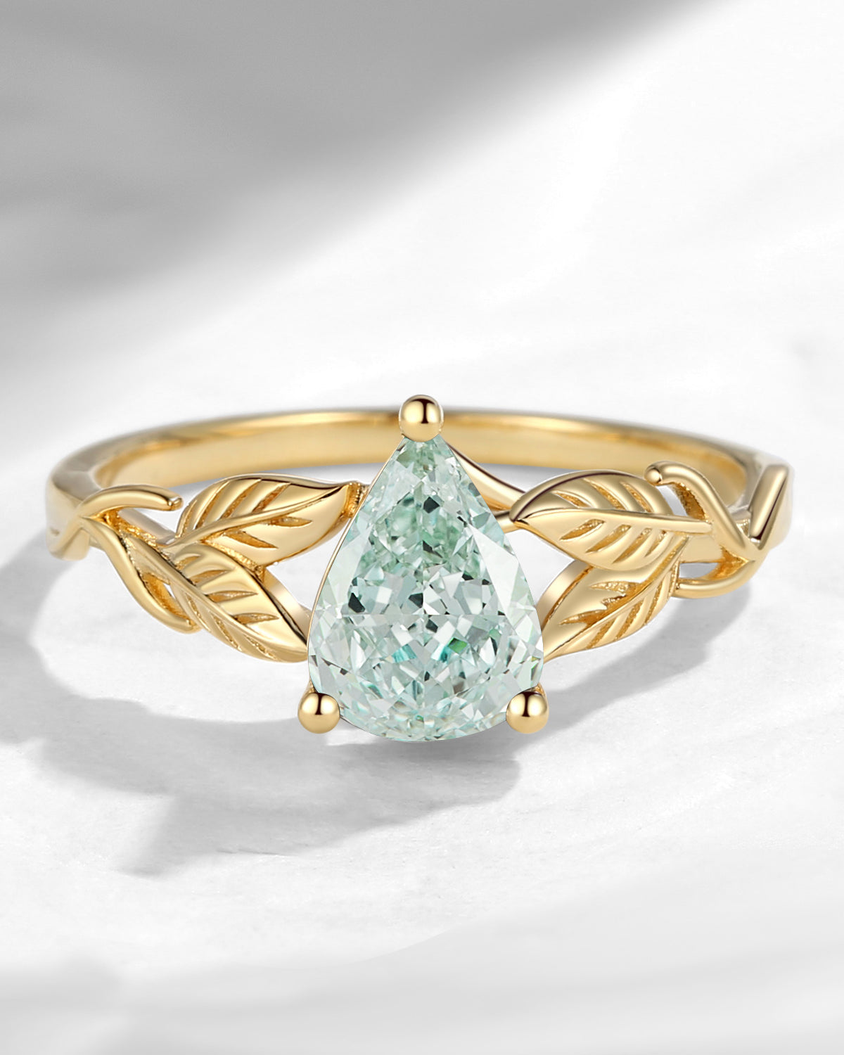 Nature Inspired Pear Cut Green Lab Diamond Leaf Engagement Ring