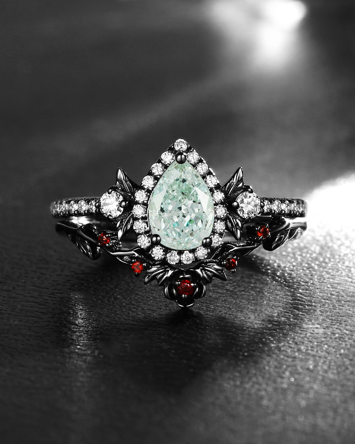 Nature Inspired Pear Cut Green Lab Diamond 'Thorns & Roses' Halo Engagement Ring Set 2pcs