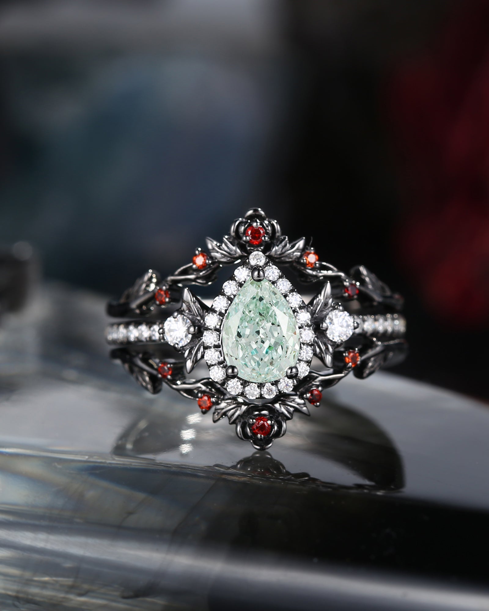 Nature Inspired Pear Cut Green Lab Diamond 'Thorns & Roses' Halo Engagement Ring Set 3pcs