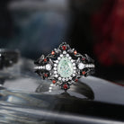 Nature Inspired Pear Cut Green Lab Diamond 'Thorns & Roses' Halo Engagement Ring Set 3pcs