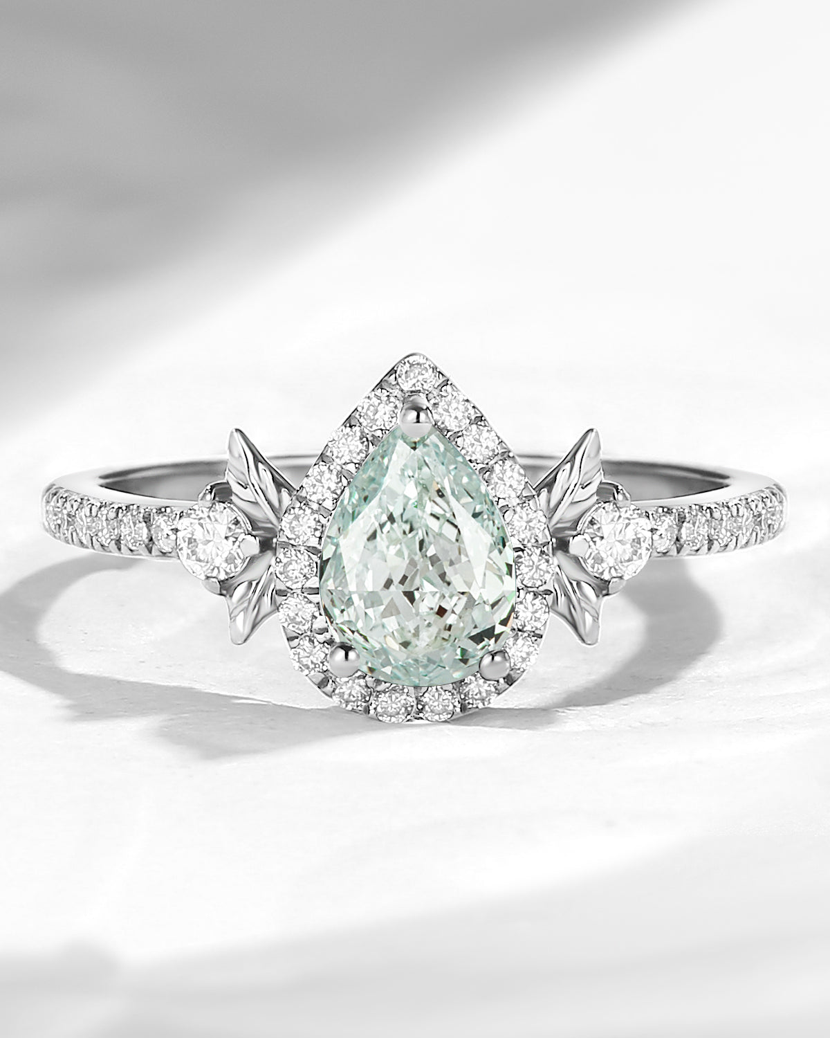 Nature Inspired Pear Shaped Green Lab Diamond Halo Leaf Engagement Ring