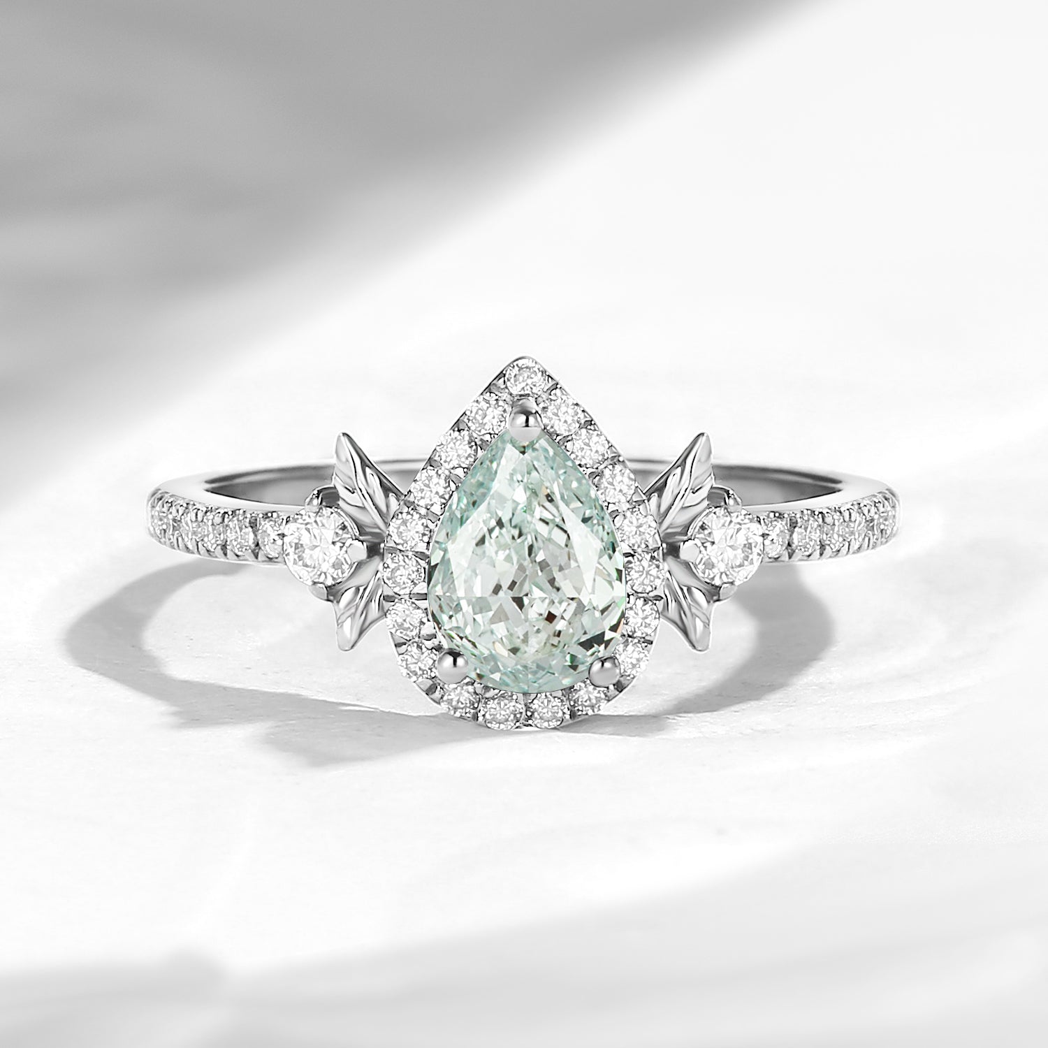 Nature Inspired Pear Shaped Green Lab Diamond Halo Leaf Engagement Ring