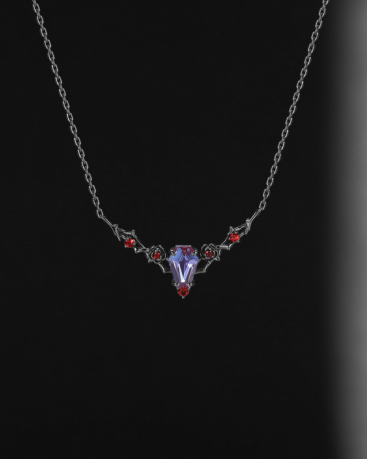 Nature Inspired 'Thorns & Roses' Coffin Cut Lab Alexandrite Gothic Halloween Necklace