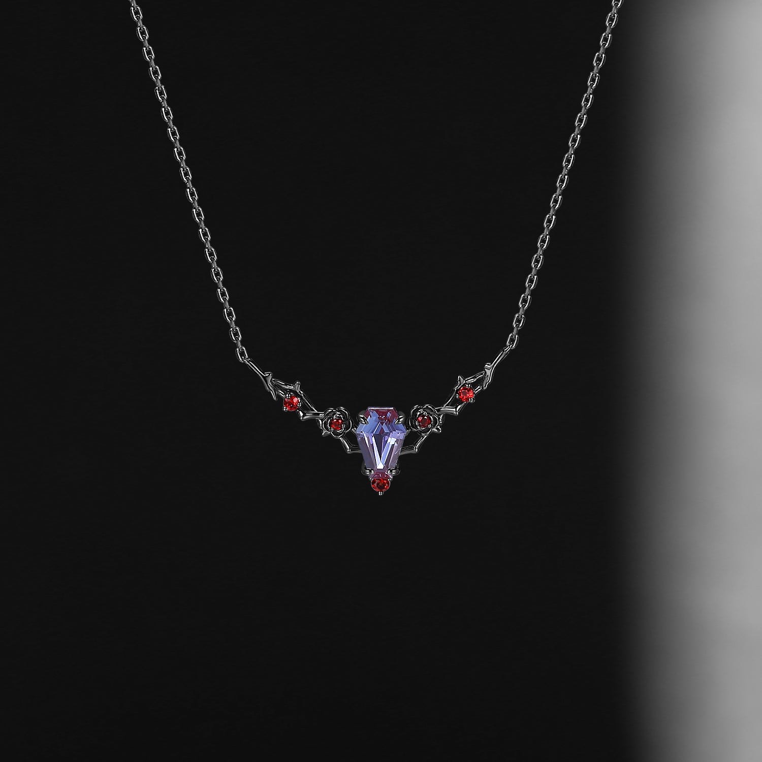 Nature Inspired 'Thorns & Roses' Coffin Cut Lab Alexandrite Gothic Halloween Necklace