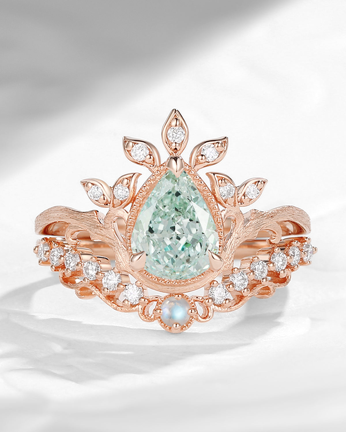 Nature Inspired Vintage Pear Shaped Green Lab Diamond Garden Engagement Ring Set 2pcs