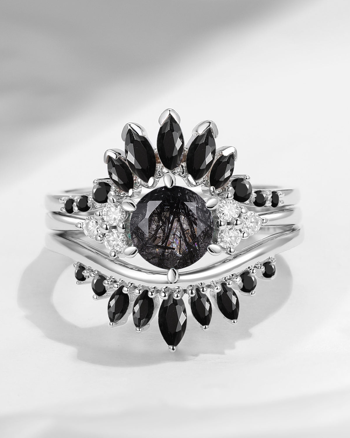 Bette‘s Eyes| Black Rutilated Quartz Engagement Ring Set 3pcs