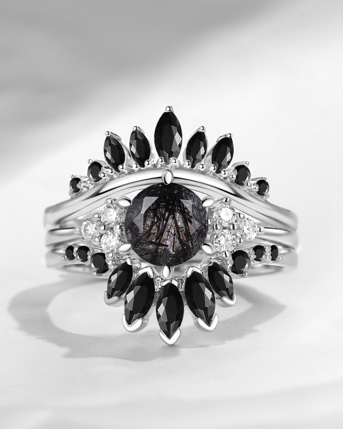 Bette‘s Eyes| Black Rutilated Quartz Engagement Ring Set 3pcs