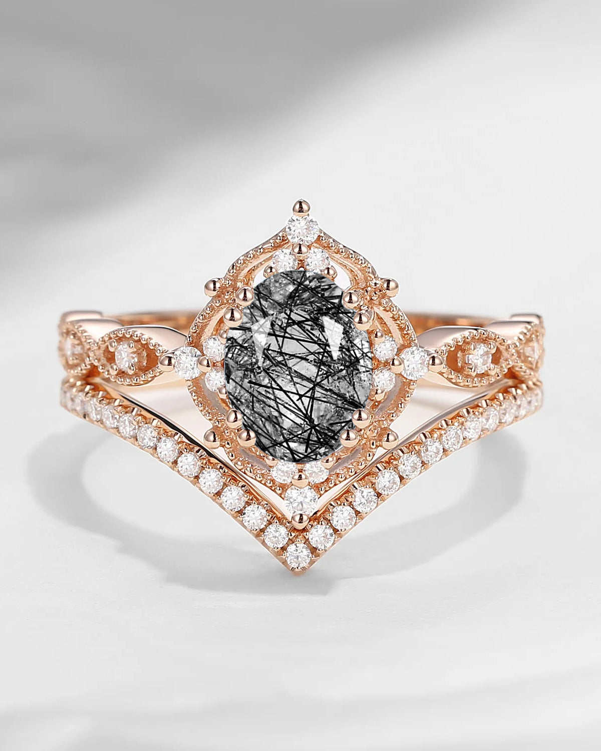 Oval Cut Vintage Inspired Black Rutilated Quartz Bridal Set 2pcs