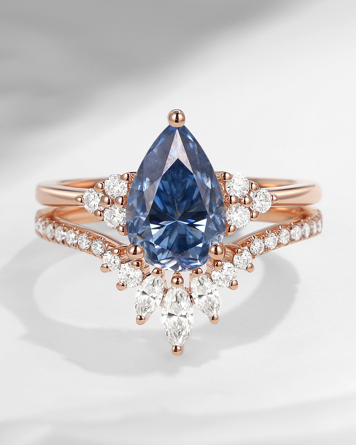 Pear Cut Blue Moissanite Cluster Engagement Ring Set 2pcs - Vivian