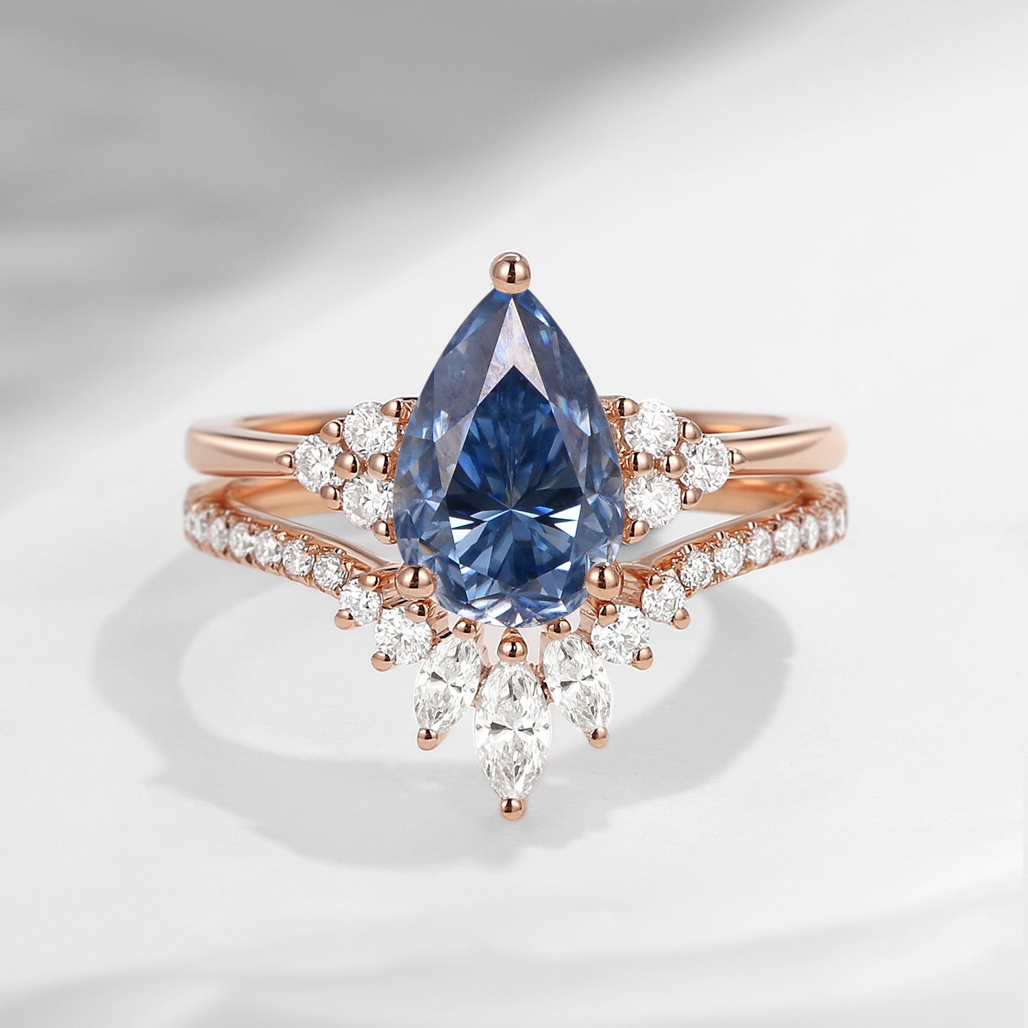 Pear Cut Blue Moissanite Cluster Engagement Ring Set 2pcs - Vivian