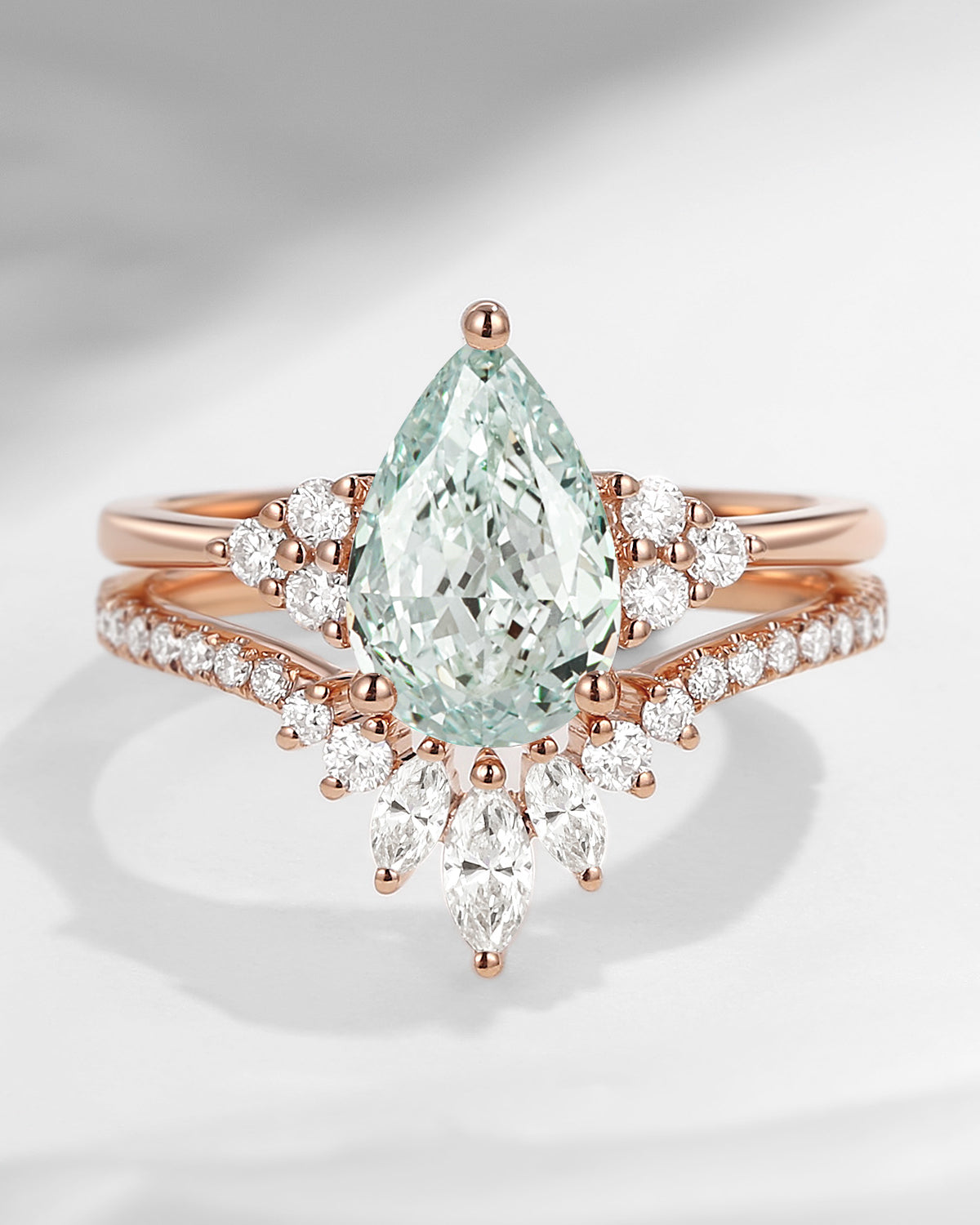 Pear Cut Green Lab Diamond Cluster Engagement Ring Set 2pcs - Vivian