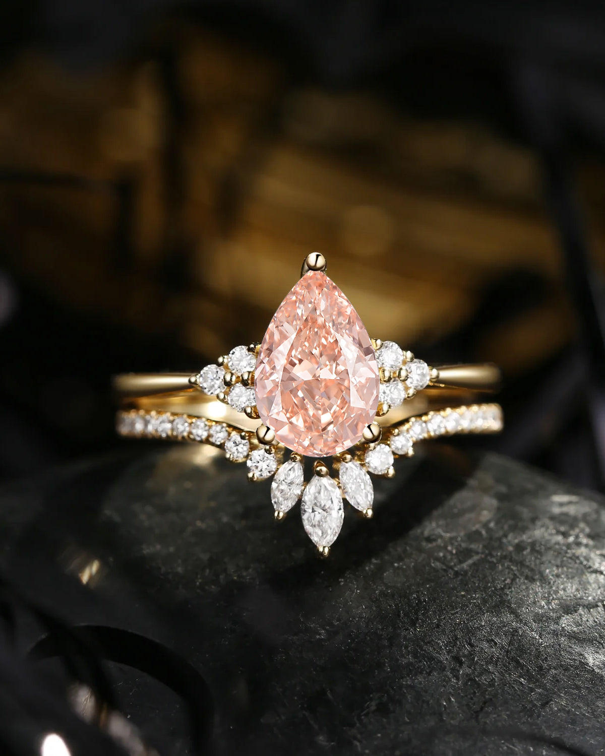 Pear Cut Pink Lab Diamond Cluster Engagement Ring Set 2pcs - Vivian