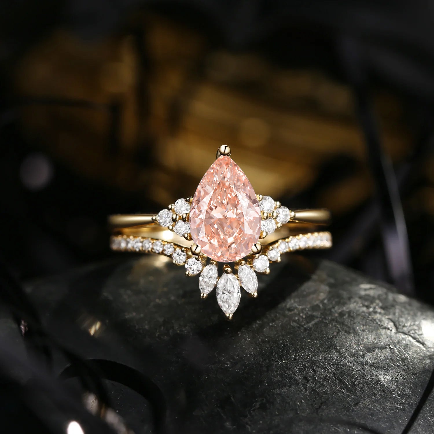 Pear Cut Pink Lab Diamond Cluster Engagement Ring Set 2pcs - Vivian