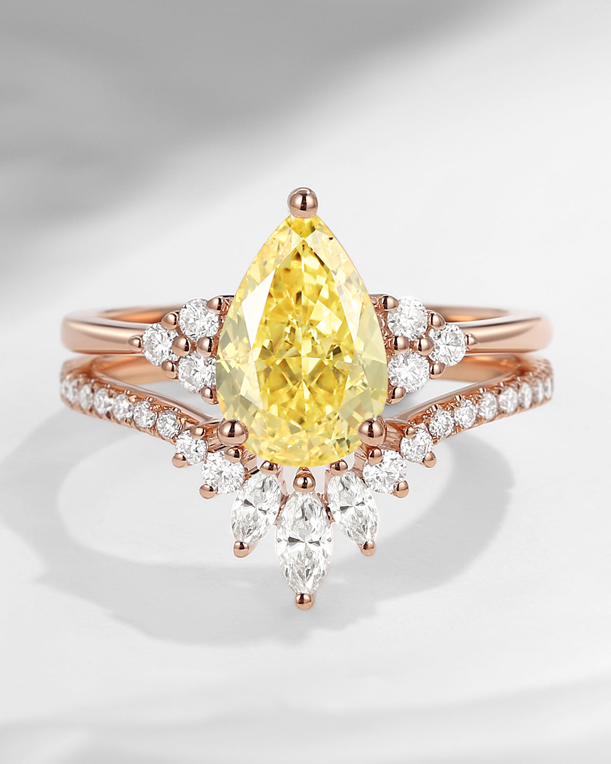 Pear Cut Yellow Lab Diamond Cluster Engagement Ring Set 2pcs - Vivian