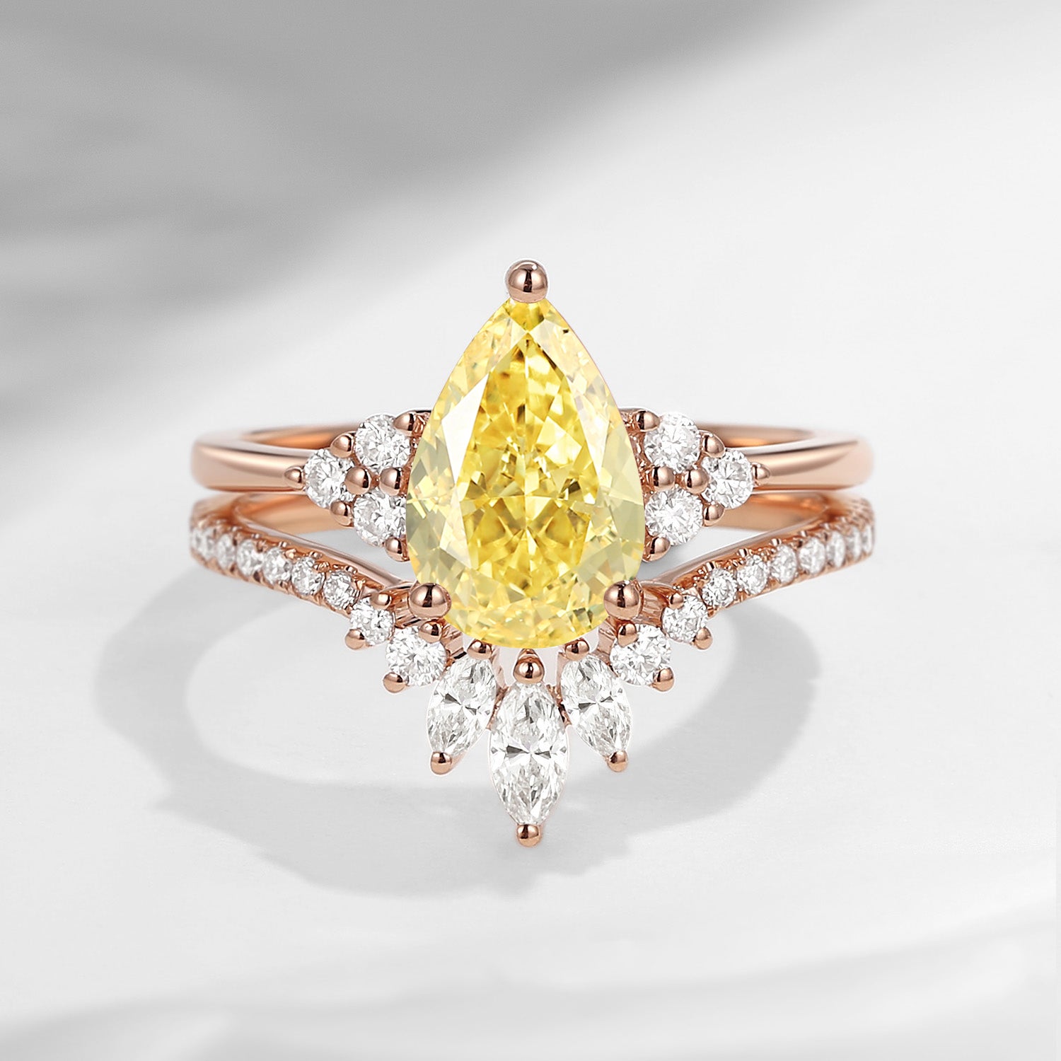 Pear Cut Yellow Lab Diamond Cluster Engagement Ring Set 2pcs - Vivian
