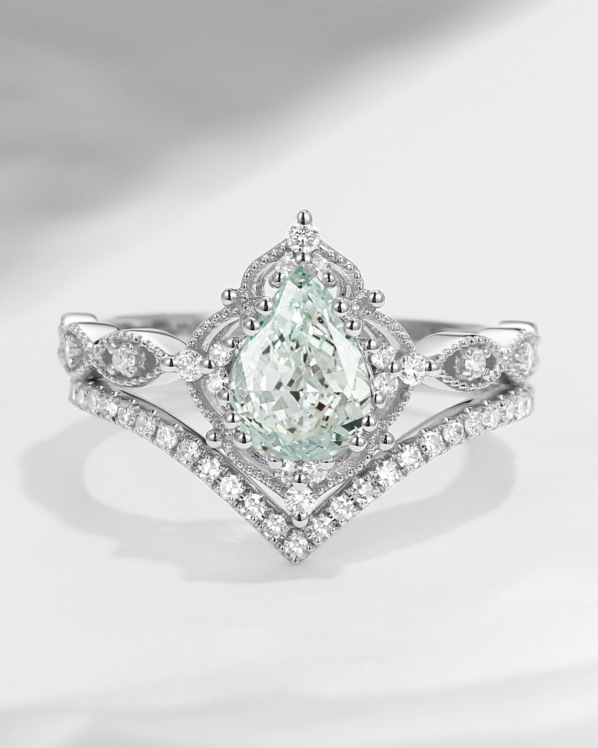 Pear Shaped Green Lab Diamond Antique Stacking Engagement Ring 2pcs - Evelyn