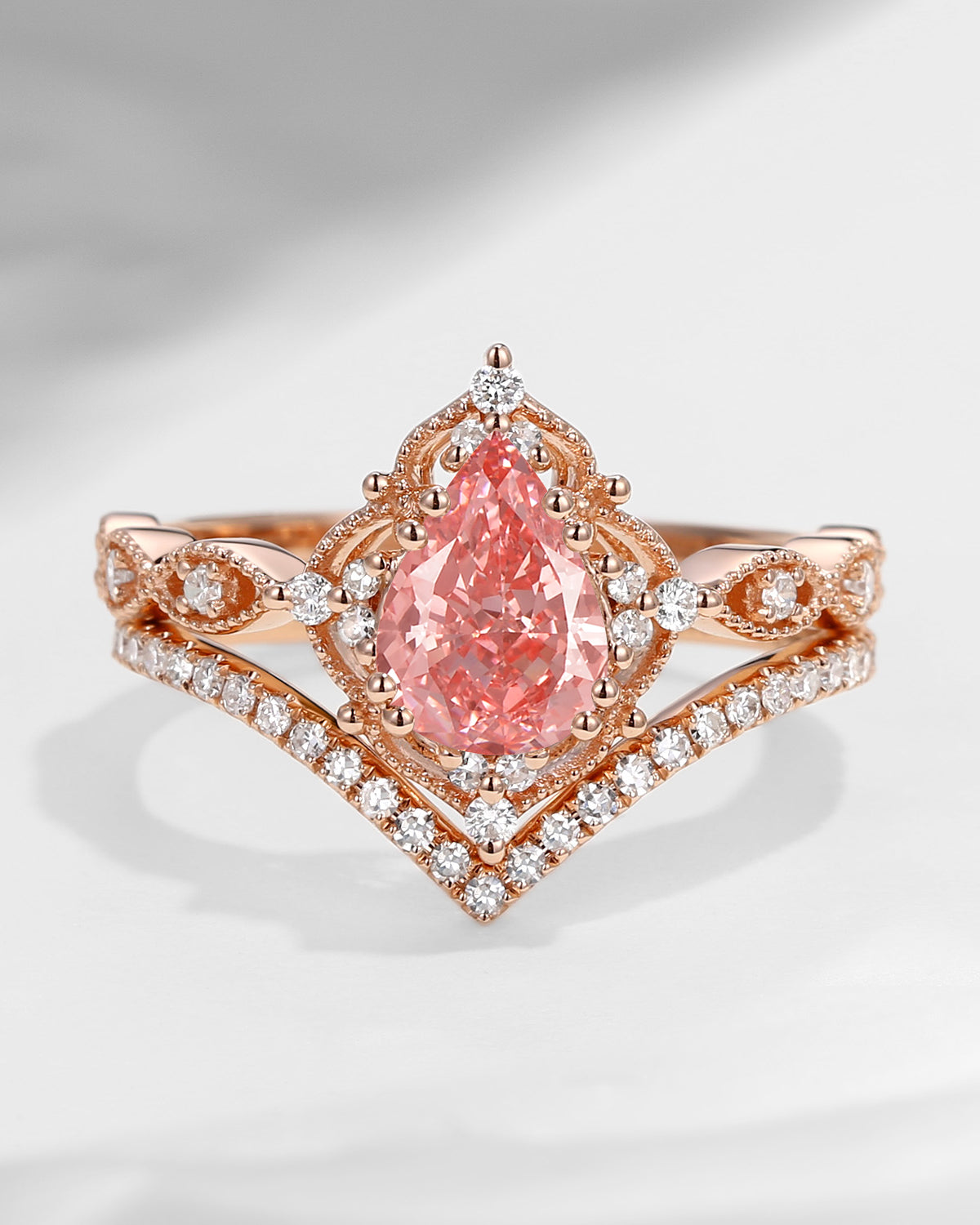 Pear Shaped Pink Lab Diamond Antique Stacking Engagement Ring 2pcs - Evelyn