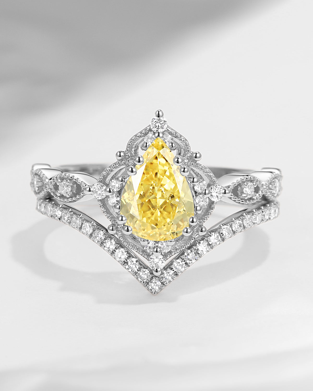 Pear Shaped Yellow Lab Diamond Antique Stacking Engagement Ring 2pcs - Evelyn