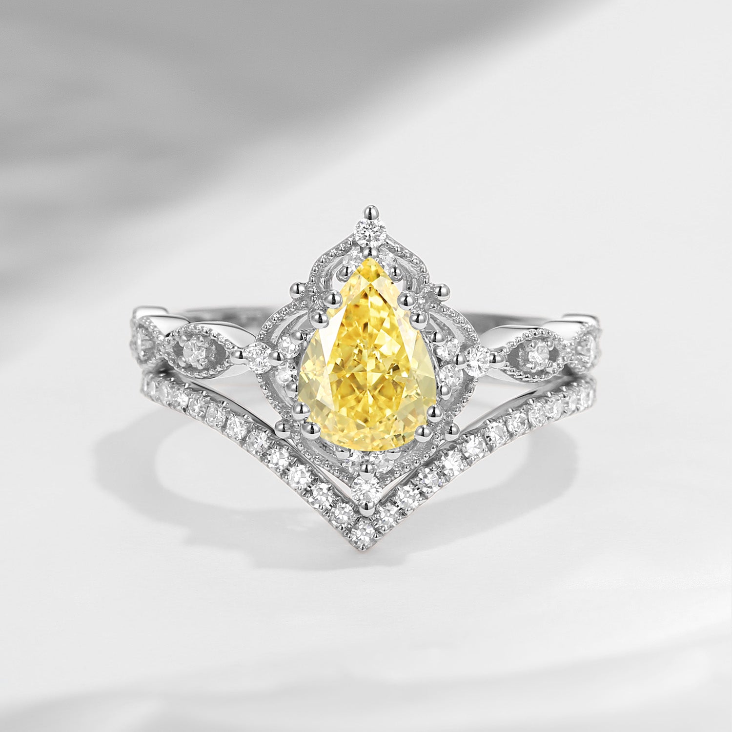 Pear Shaped Yellow Lab Diamond Antique Stacking Engagement Ring 2pcs - Evelyn