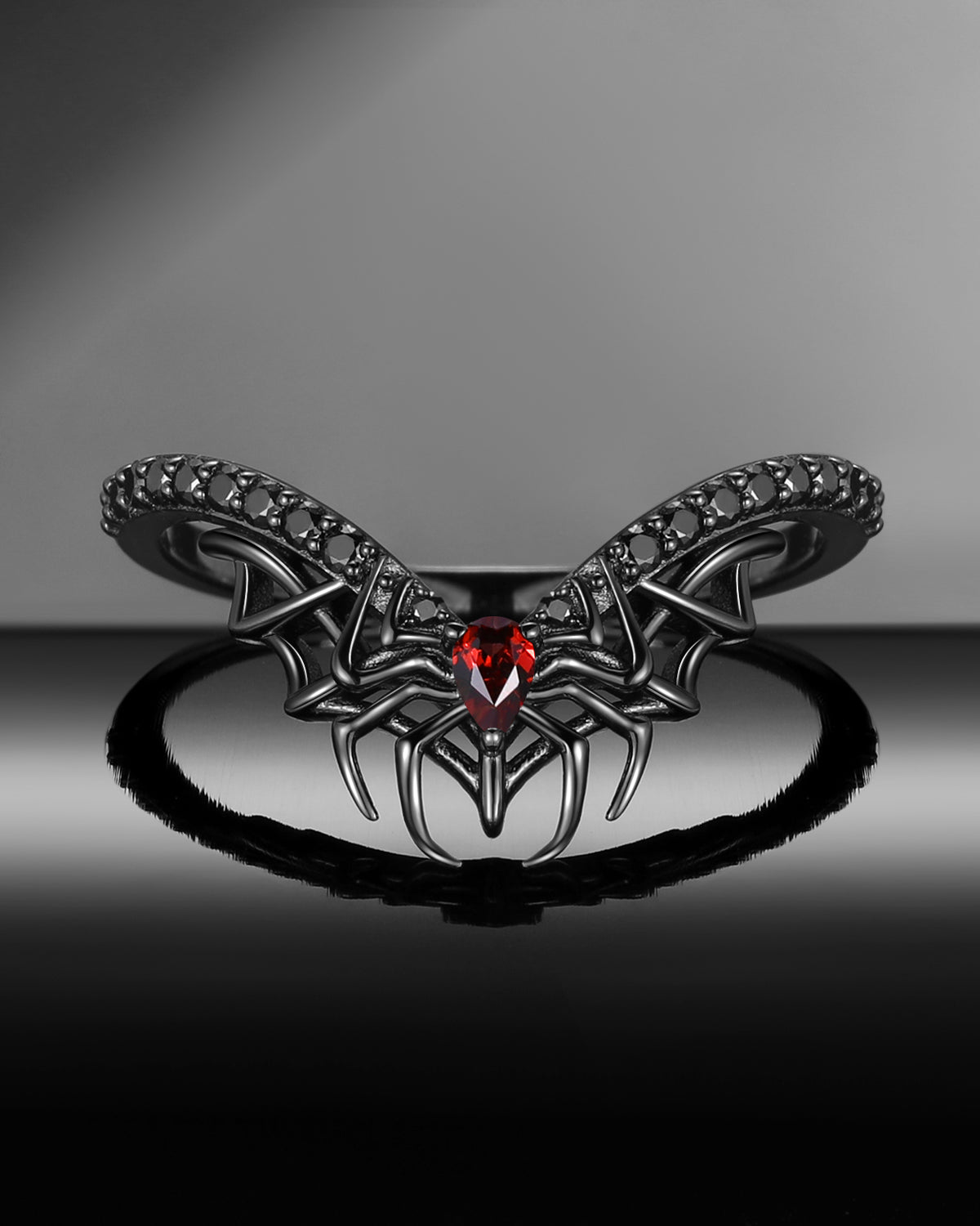 Pear shaped Garnet Curved Spider Web Halloween Wedding Band