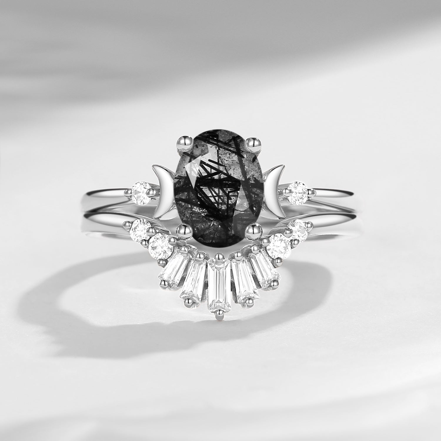 Pure Moon | Fancy Oval Cut Black Rutilated Quartz Engagement Ring Set 2pcs