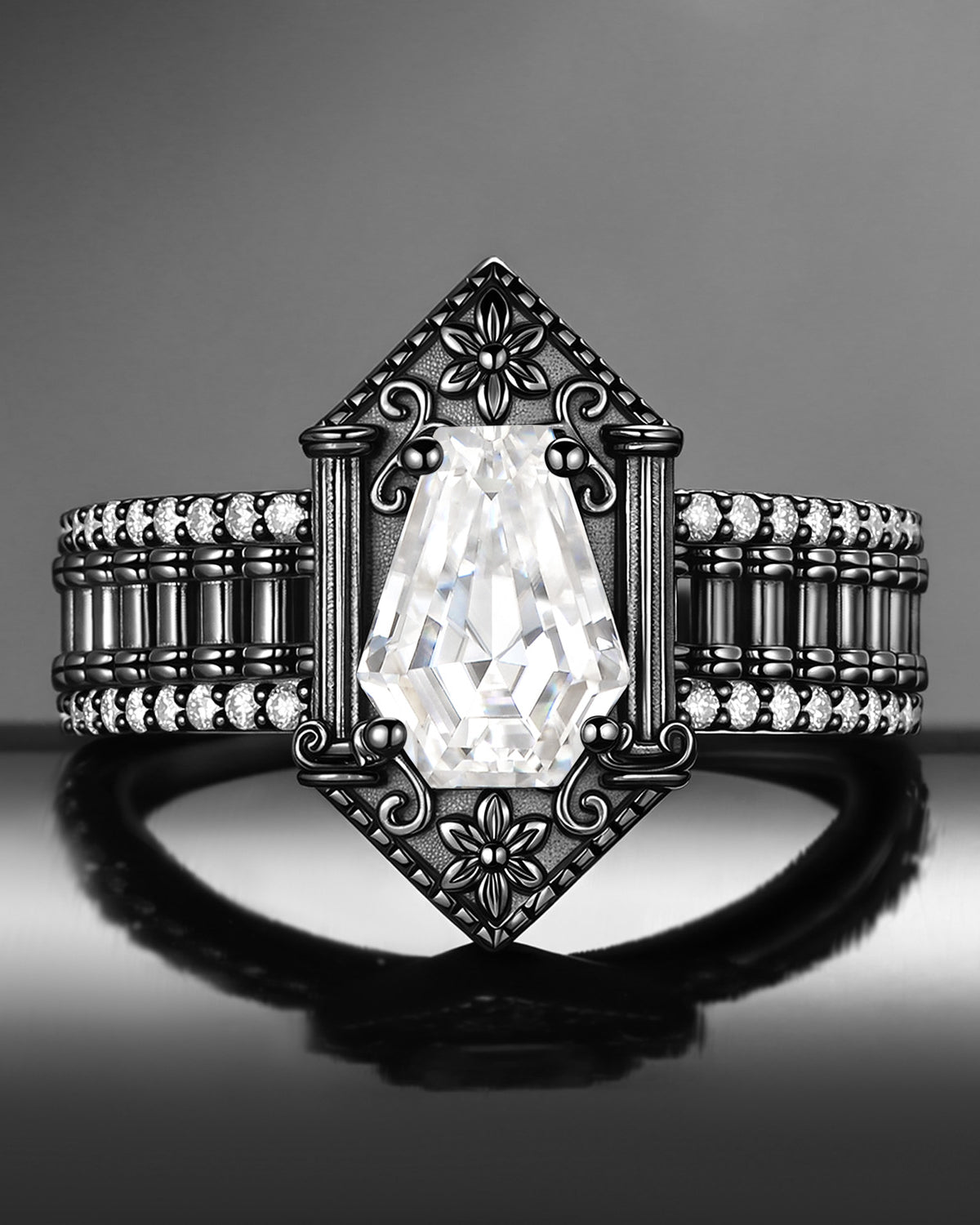 Retro Art Deco Coffin Cut Moissanite 'Fallen Aegis' Gothic Black Gold Engagement Ring