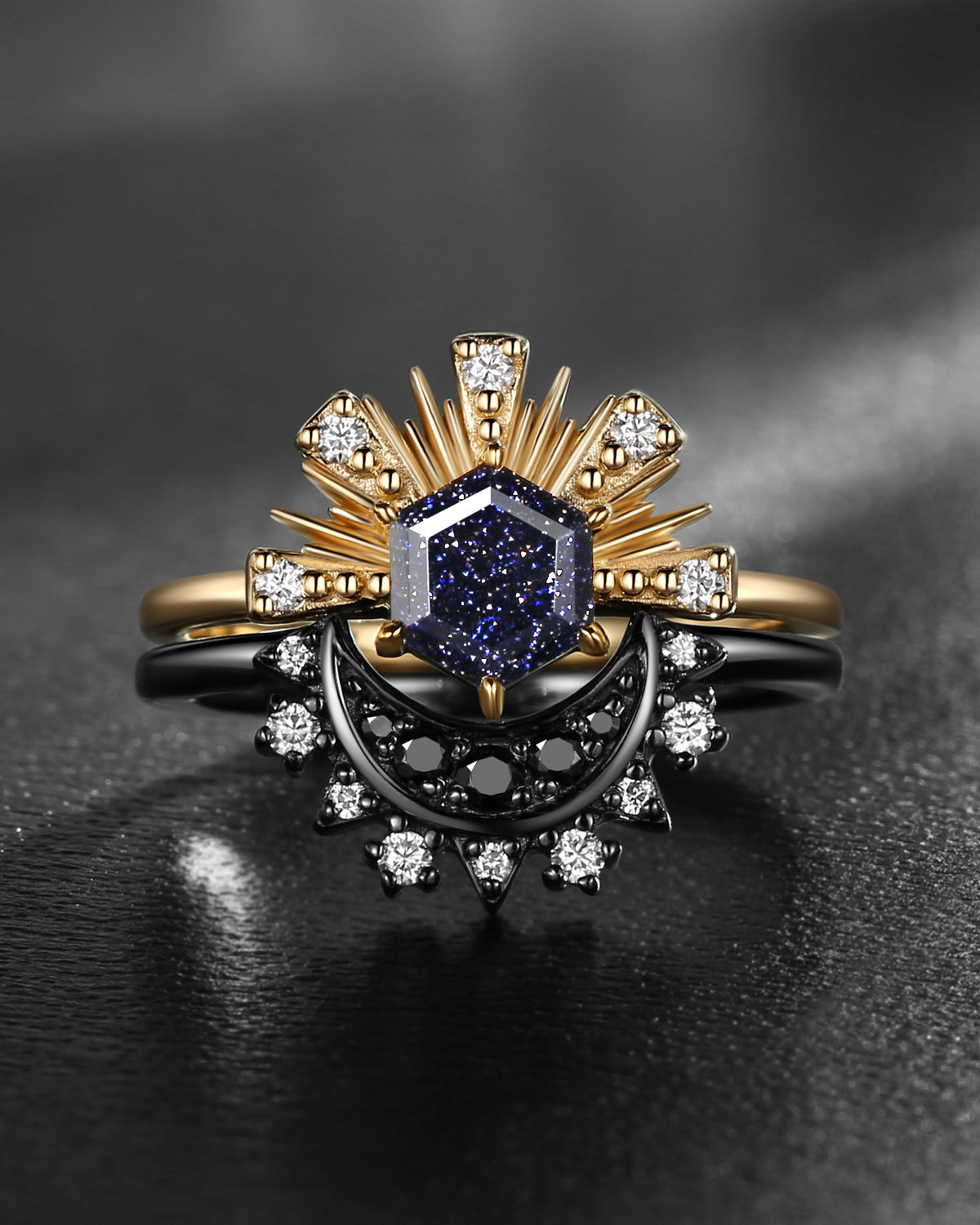 Retro Hexagon Cut Blue Sandstone Sun & Moon Two-Toned Engagement Ring Set 2pcs