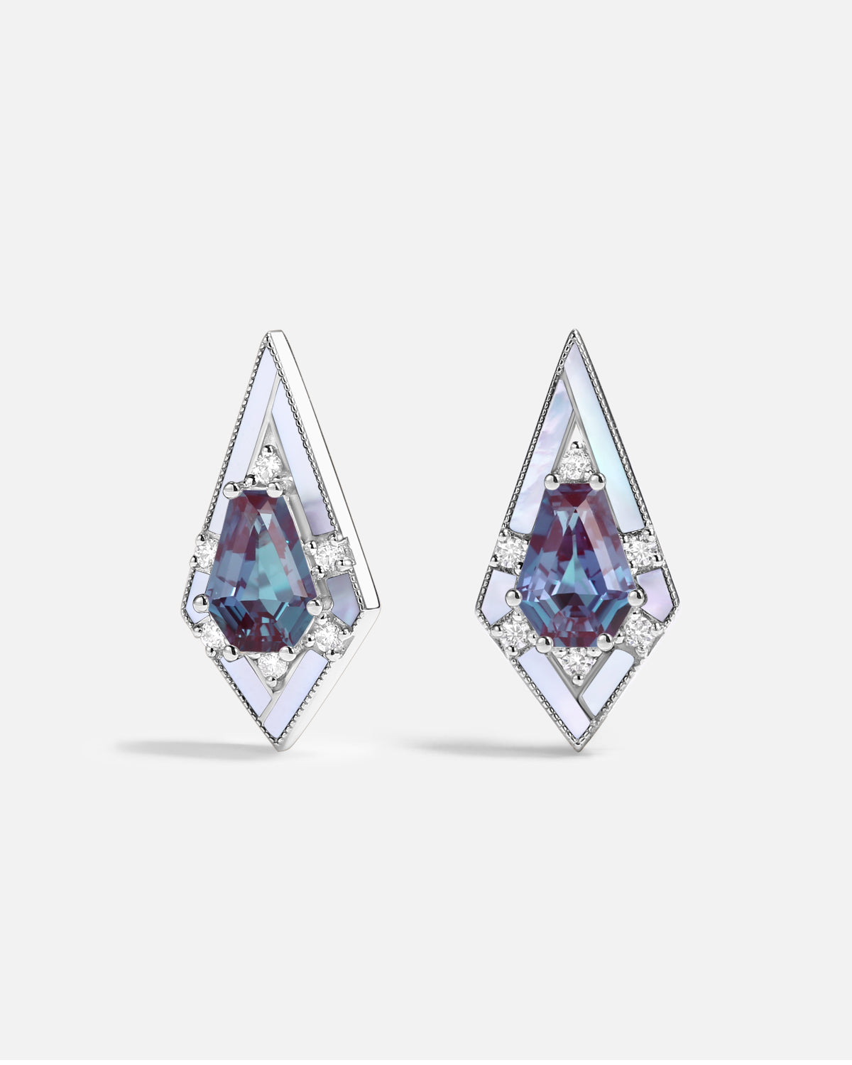 Unique Coffin Kite Cut Lab Alexandrite Mother Of Pearl Earrings