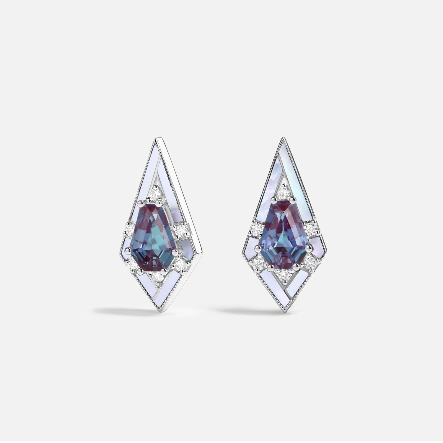 Unique Coffin Kite Cut Lab Alexandrite Mother Of Pearl Earrings