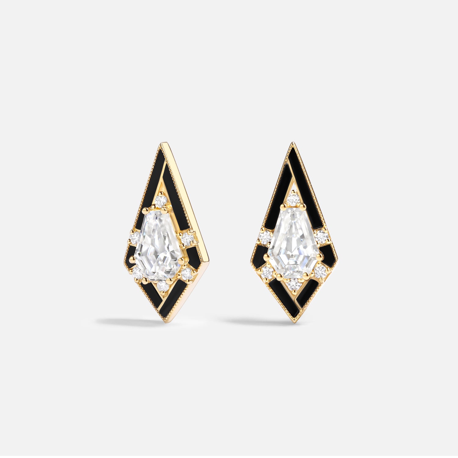 Unique Coffin Kite Cut Moissanite Onyx Earrings