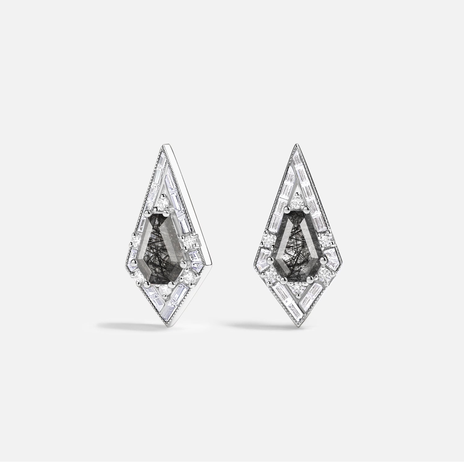 Unique Coffin Kite Cut Black Rutilated Quartz Earrings