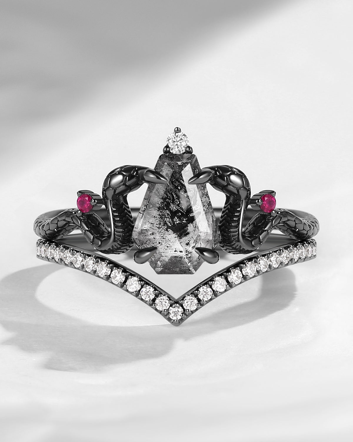 'Serpent's Embrace' - Gothic Style Coffin Cut Herkimer Diamond Snake Inspired Engagement Ring Bridal Set 2pcs