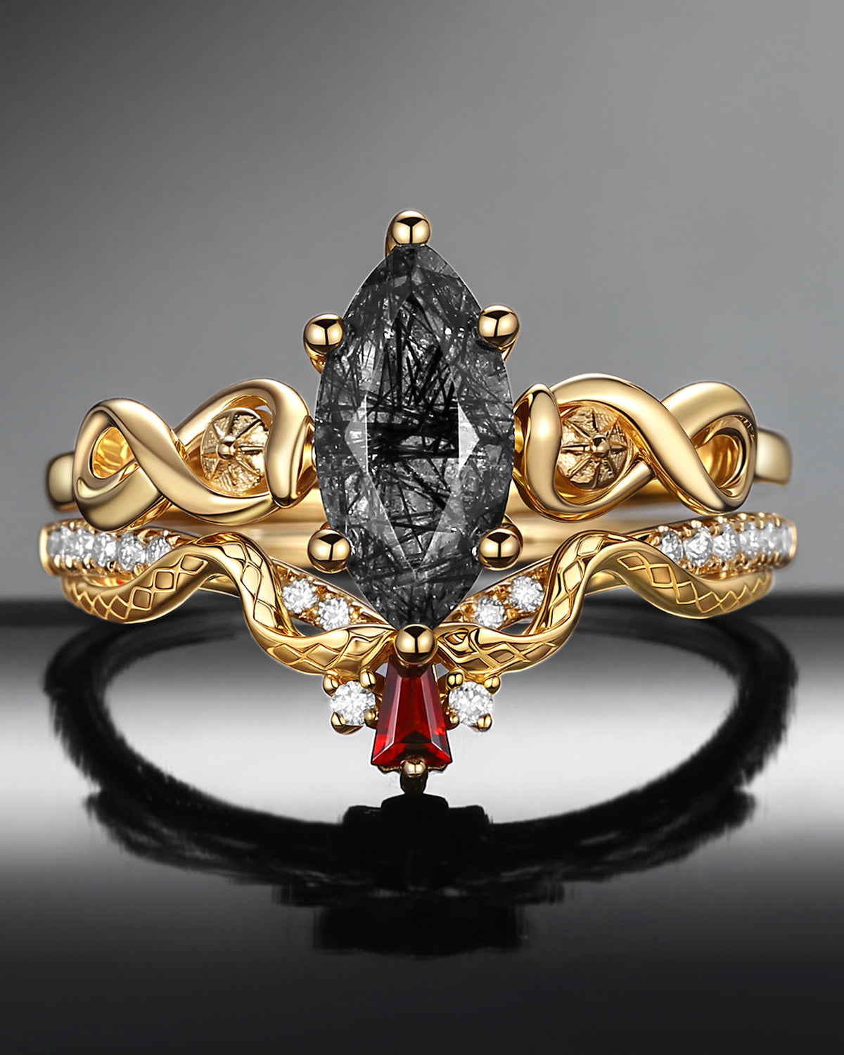 Snake Inspired Unique Marquise Cut Black Rutilated Quartz Engagement Ring Set Bridal Set 2pcs - Serpent's Embrace