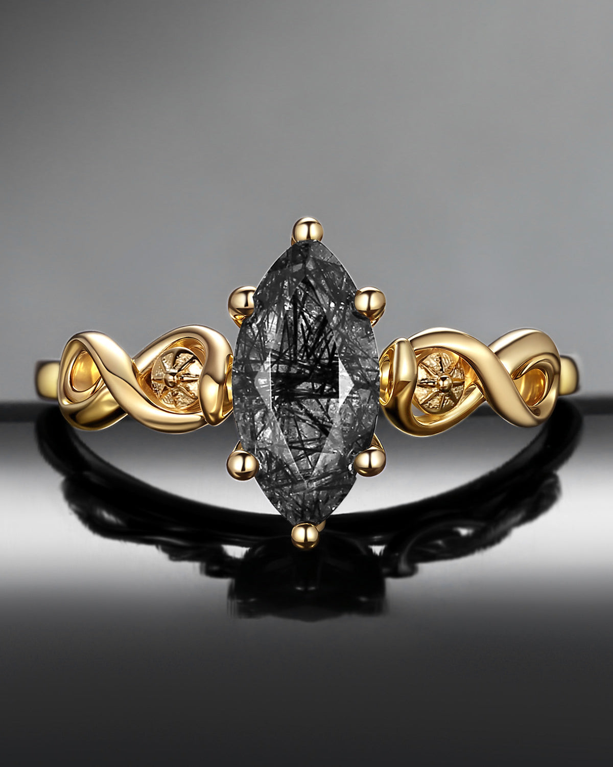 Snake Inspired Unique Marquise Cut Black Rutilated Quartz Infinity Twist Engagement Ring - Serpent's Embrace