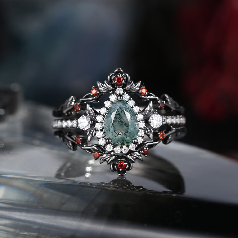 Nature Inspired Pear Cut Moss Agate Halo Engagement Ring Set 3pcs