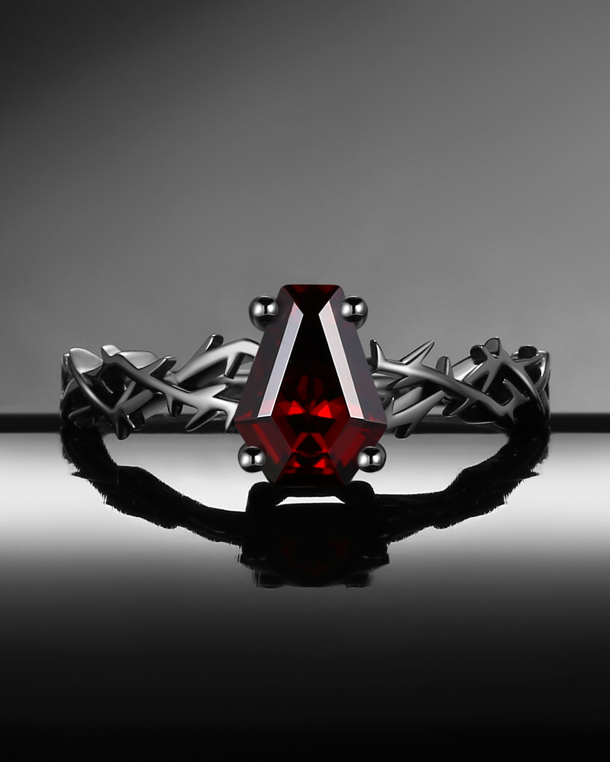 'Thorns & Roses'- Nature Inspired Coffin Cut Garnet Engagement Ring
