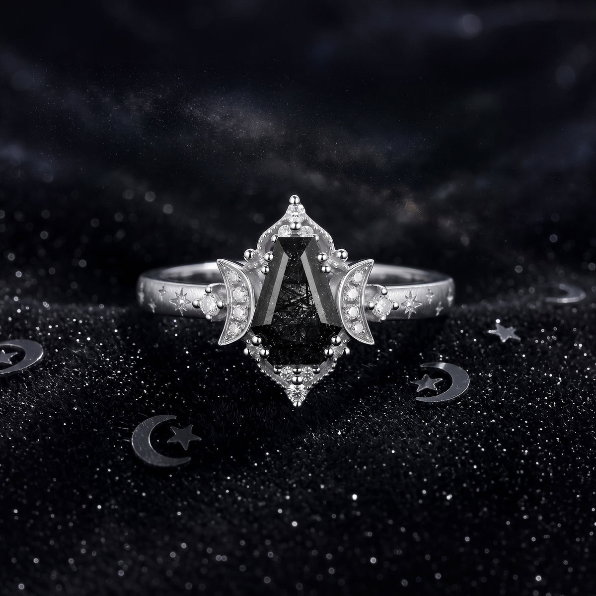 'Till Death Do Us Part' – Star Engraved Coffin Black Rutilated Quartz Crescent Moon Engagement Ring with Textured Band