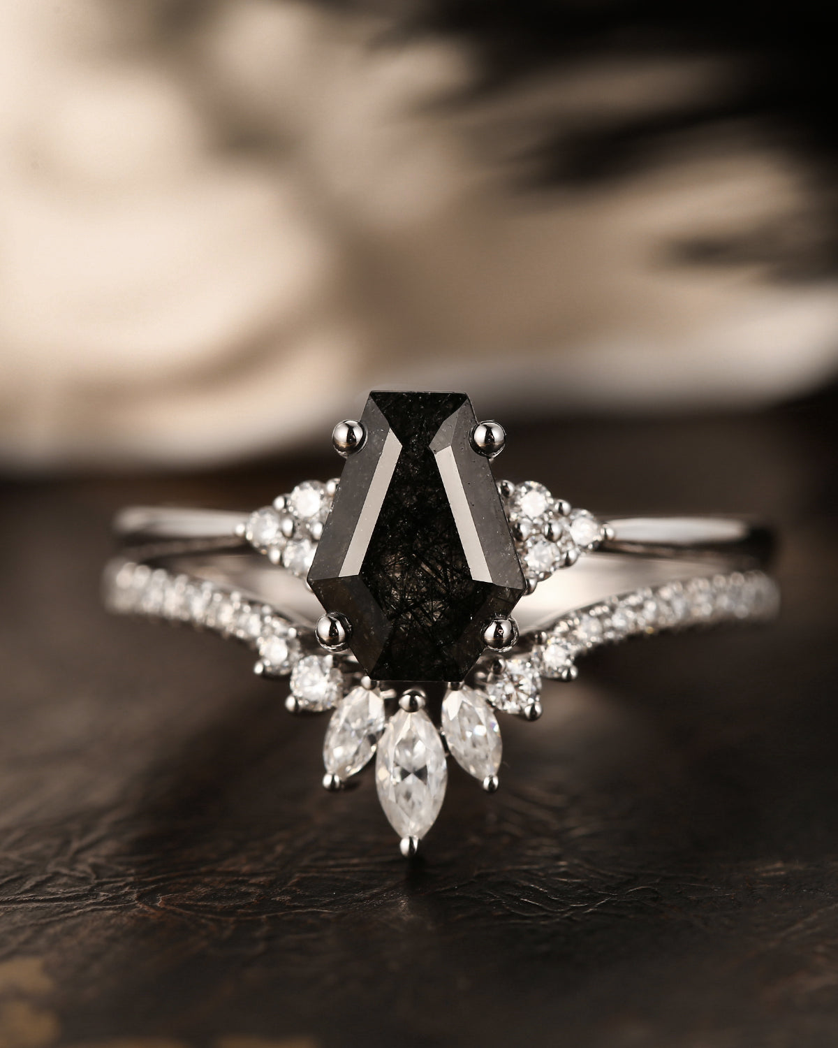Coffin Black Rutilated Quartz Engagement Ring 2PCS