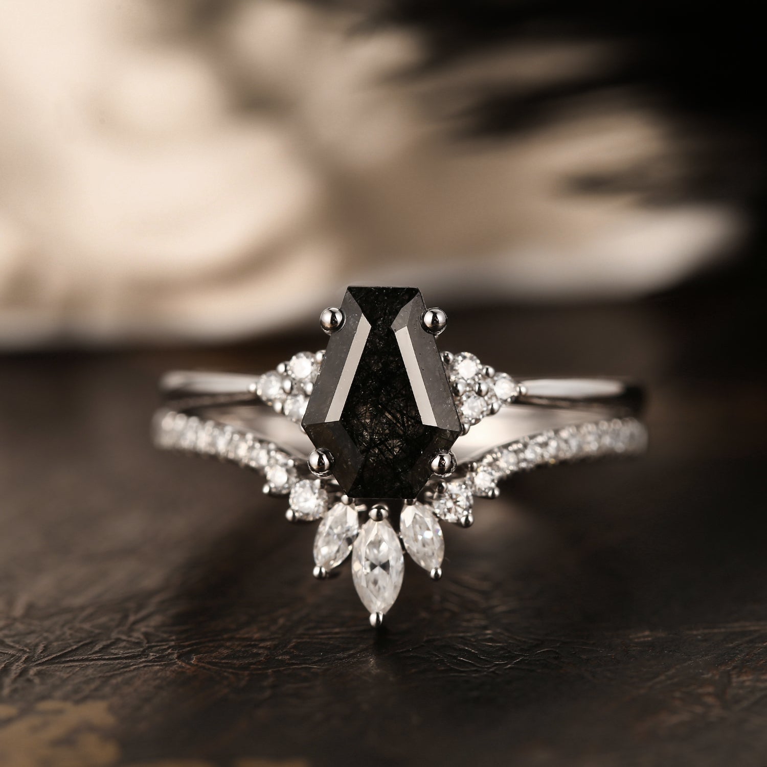 Coffin Black Rutilated Quartz Engagement Ring 2PCS
