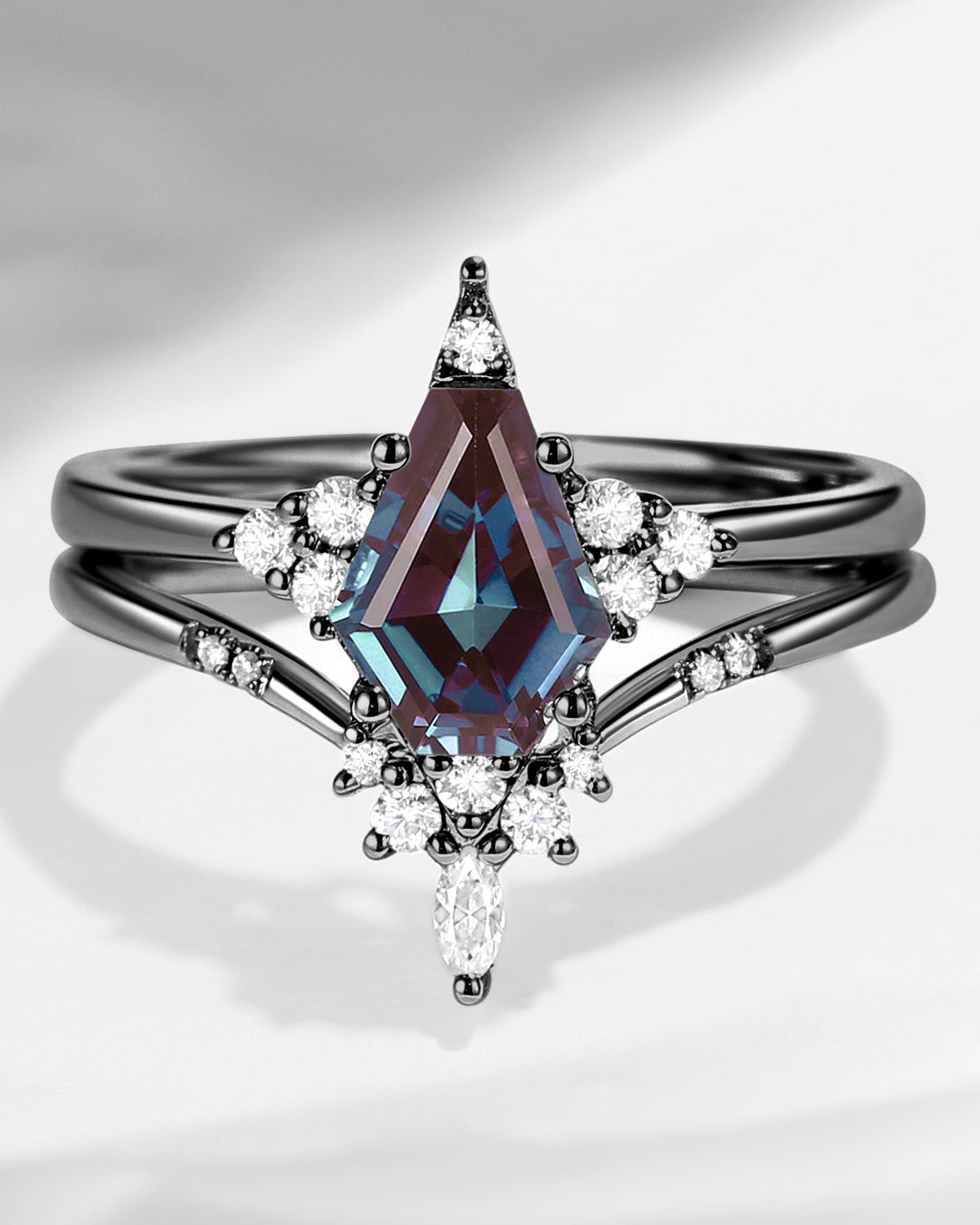 Unique Coffin Alexandrite Black Gold Engagement Star Ring Set 2pcs - Coffin Kite