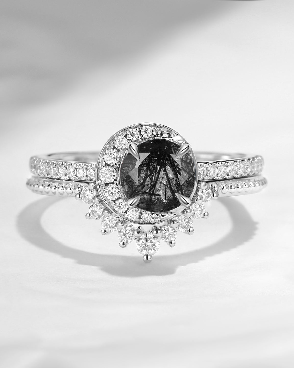 Unique Black Rutilated Quartz Engagement Ring Set 2pcs - Full Moon